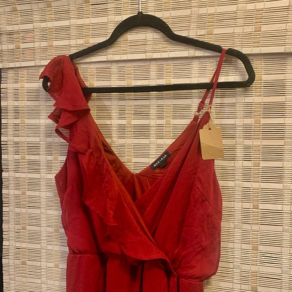 MAX + ASH Dress Red Burgundy Maroon Ruffle Flowy Shoulder Cocktail Wedding Midi - Picture 3 of 7
